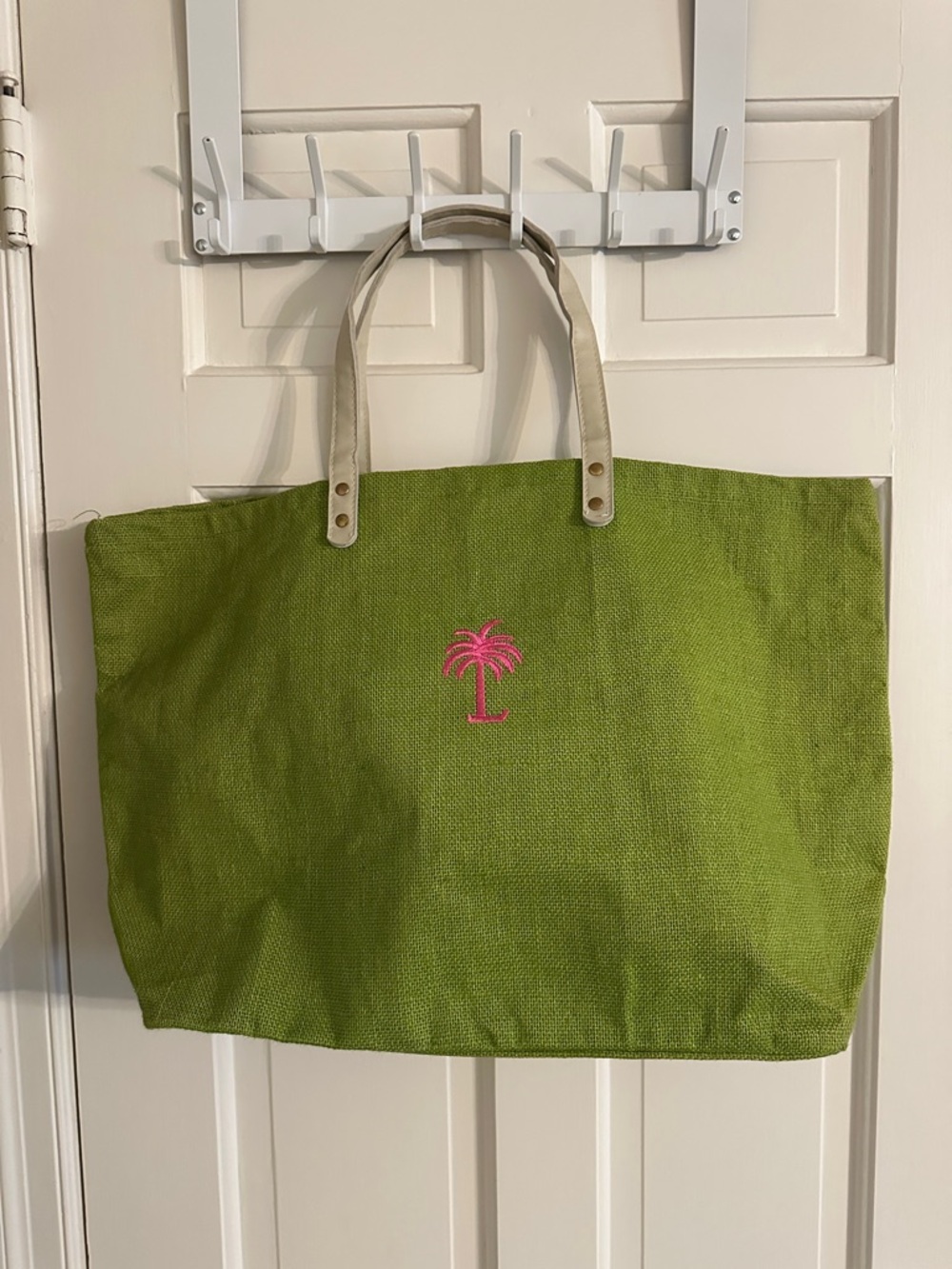 Green Canvas Tote Bag with Pink Palm Embroidery